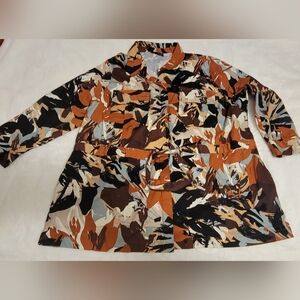 Ashley Stewart Rust Black Floral Utility Jacket with Cream Accents